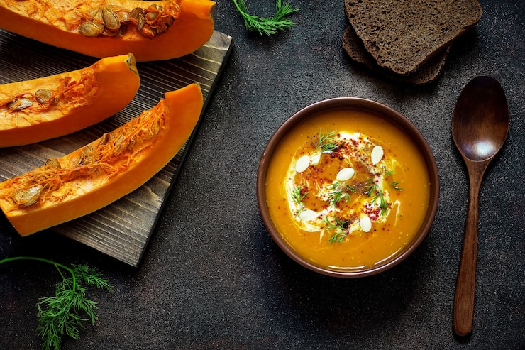 roasted pumpkin carrot soup with cream seeds fresh green ceramic bowl top view 114579 1661